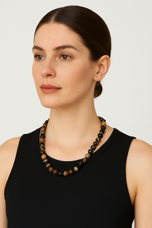 Kahve Göz Akik Doğal Taş Dizi Kolye 8 mm