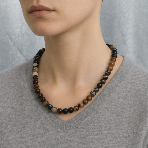 Kahve Göz Akik Doğal Taş Dizi Kolye 8 mm