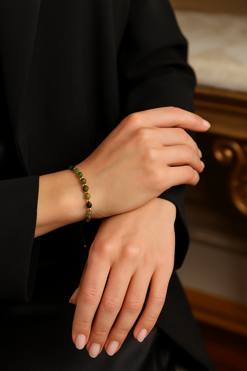 Kanada Yeşim Doğal Taş Makrome Örme Bileklik Fasetli Küp Kesim