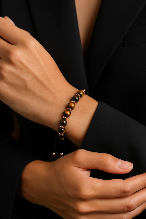 Kaplan Gözü Doğal Taş Makrome Örme Bileklik Küre Kesim