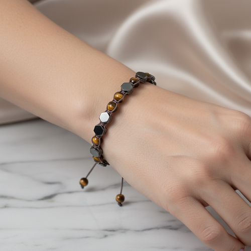 Kaplan Gözü - Hematit Doğal Taş Makrome Bileklik