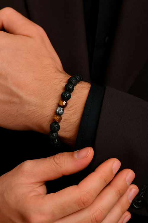 Tiger Eye - Natural Stone Bracelet with Lava Zircon Apparatus
