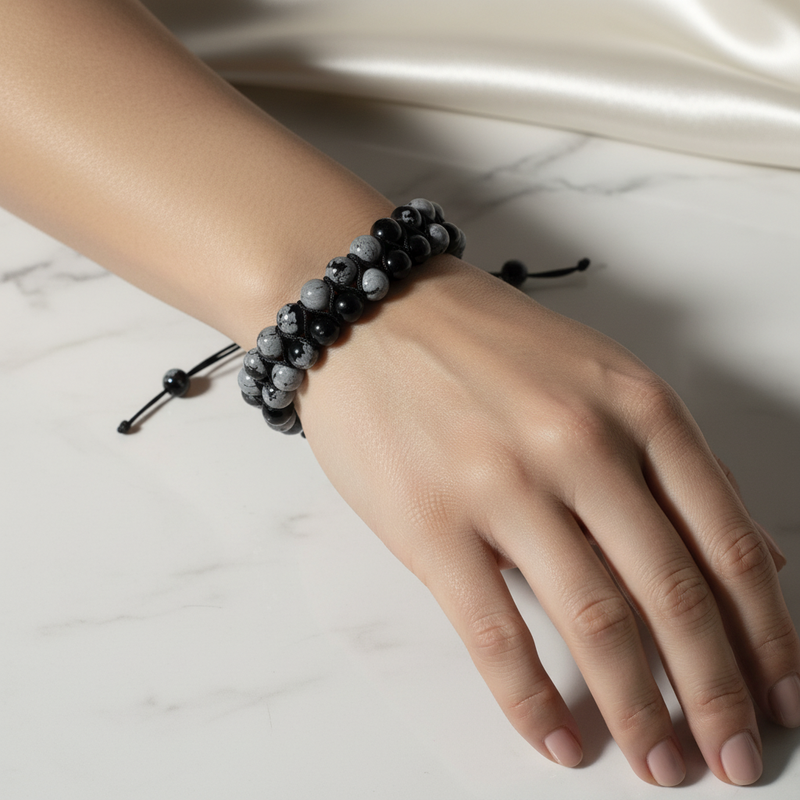 Karlı Obsidyen 8mm Çift Sıra Makrome Doğal Taş Bileklik - Görsel 1 - Safnaturel