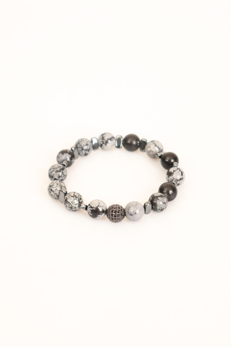 Karlı Obsidyen - Hematit 10 mm Doğal Taş Zirkon Aparatlı Bileklik - Görsel 2 - Safnaturel