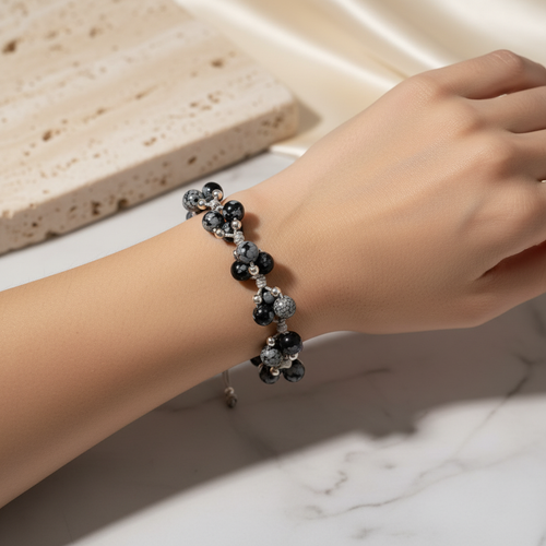 Karlı Obsidyen Üçlü Makrome Özel Tasarım Bileklik 6 mm