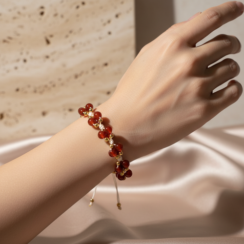 Kırmızı Akik Üçlü Makrome Özel Tasarım Bileklik