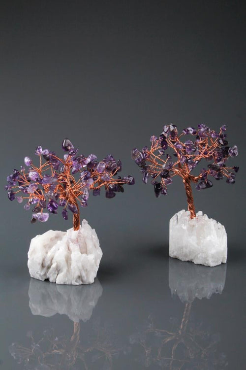 Kristal Kuvars - Ametist Doğal Taş Tel Sarmalı Ağaç