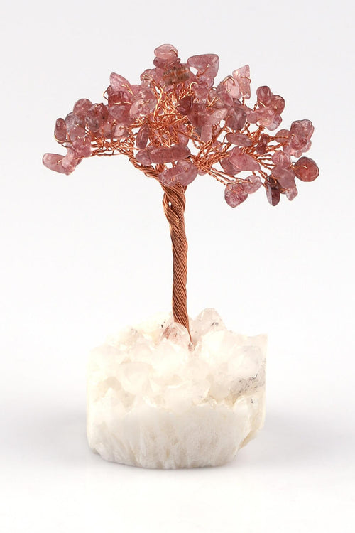 Kristal Kuvars - Çilek Kuvars Doğal Taş Tel Sarmalı Ağaç
