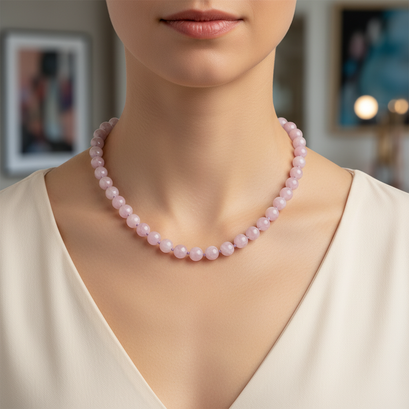 Kunzit 8 mm Düğümlü Doğal Taş Kolye - Görsel 1 - Safnaturel
