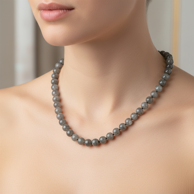 Labradorit 8 mm Düğümlü Doğal Taş Kolye - Görsel 2 - Safnaturel