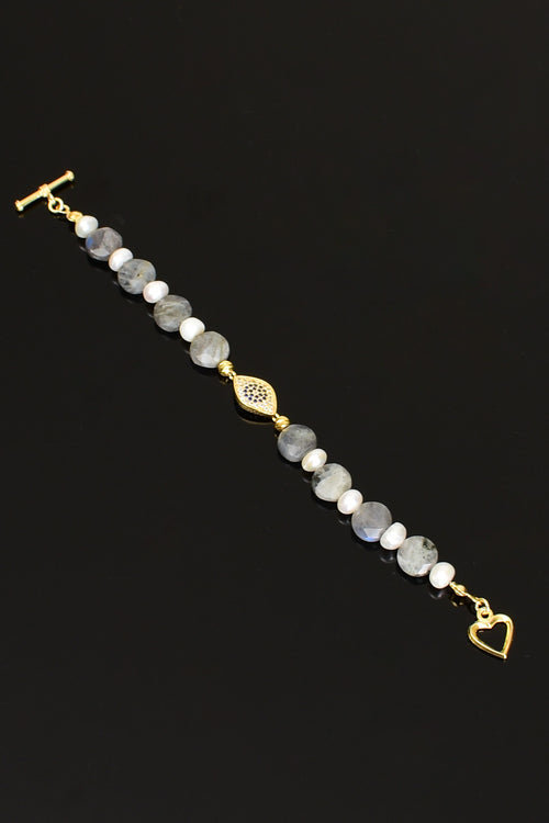 Labradorite - Pearl Natural Stone Silver Closure Bracelet