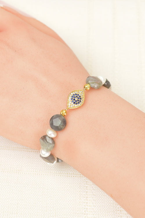 Labradorite - Pearl Natural Stone Silver Closure Bracelet