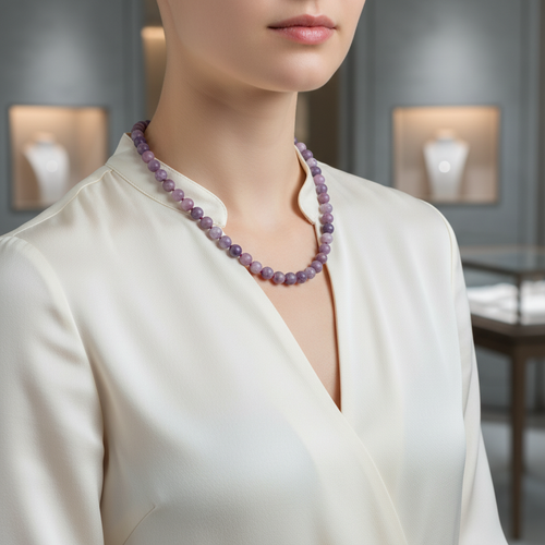 Lepidolit 8 mm Düğümlü Doğal Taş Kolye