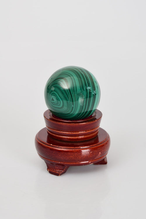 Malachite Natural Stone Globe with Wooden Stand