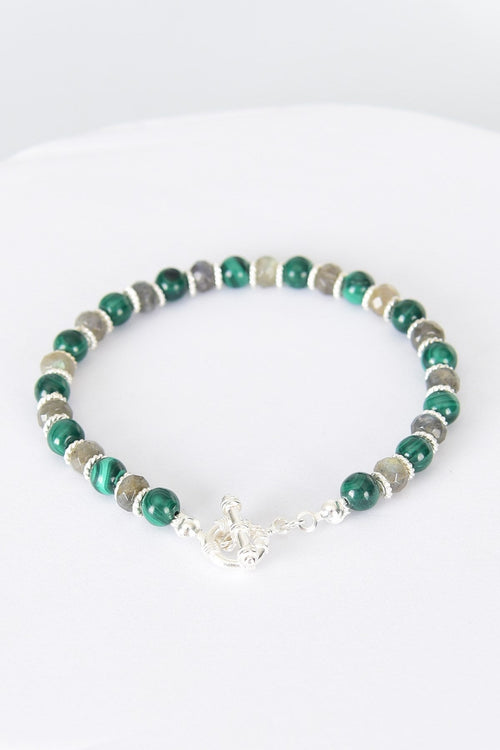 Malachite - Labradorite Natural Stone 925 Sterling Silver Closure Bracelet - Moonlight Collection