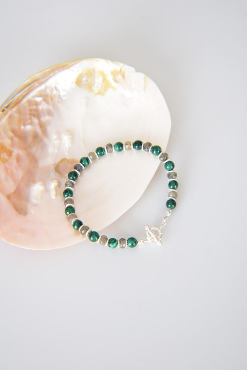 Malachite - Labradorite Natural Stone 925 Sterling Silver Closure Bracelet - Moonlight Collection