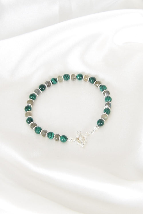 Malachite - Labradorite Natural Stone 925 Sterling Silver Closure Bracelet - Moonlight Collection