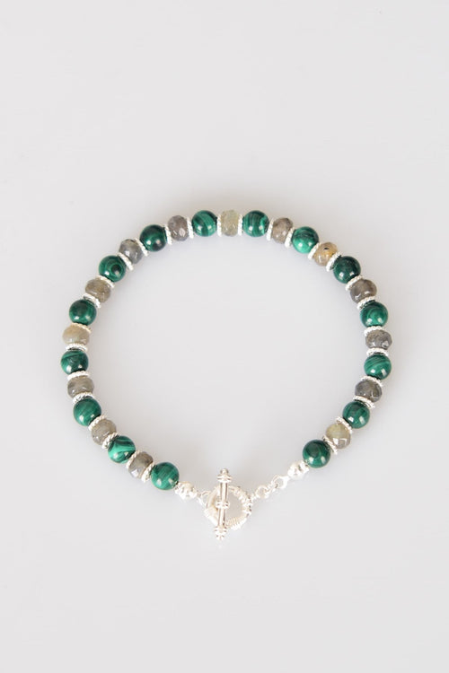 Malachite - Labradorite Natural Stone 925 Sterling Silver Closure Bracelet - Moonlight Collection