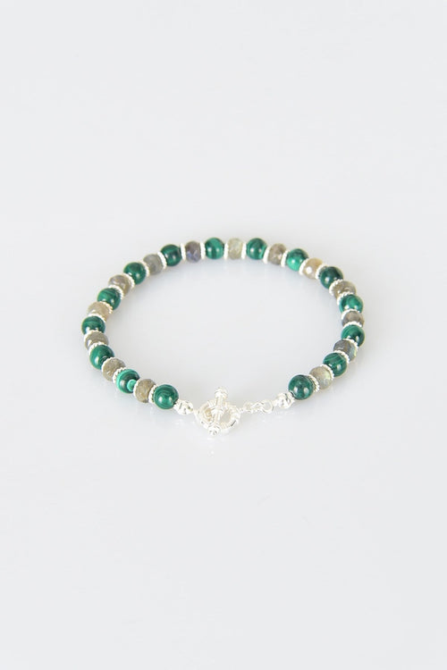 Malachite - Labradorite Natural Stone 925 Sterling Silver Closure Bracelet - Moonlight Collection
