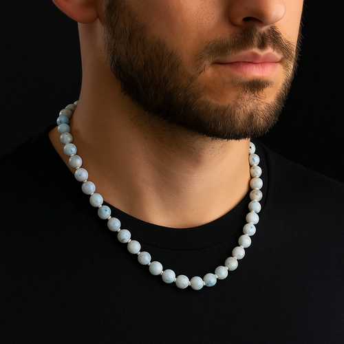 Mavi Akik 8 mm Düğümlü Doğal Taş Kolye