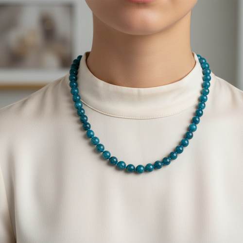 Mavi Apatit 6 mm Düğümlü Doğal Taş Kolye