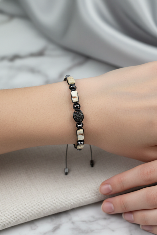 Mercan - Hematit Doğal Taş Zirkon Aparatlı Makrome Bileklik