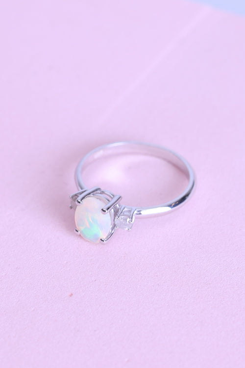 Opal - Elmas Doğal Taş 925 Ayar Gümüş Yüzük ( 0.85 - 0.16 Carat )