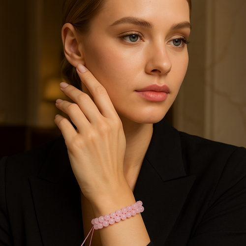 Pembe Kuvars Doğal Taş Çift Sıra Makrome Bileklik 6 mm