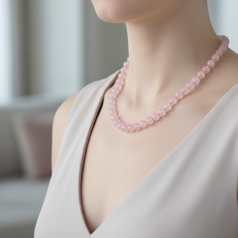 Pembe Kuvars (Gül Kuvars) 6 mm Düğümlü Doğal Taş Kolye - Görsel 1 - Safnaturel