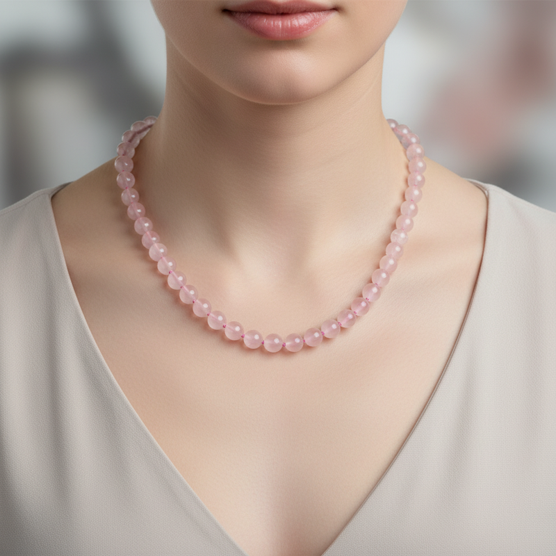 Pembe Kuvars (Gül Kuvars) 6 mm Düğümlü Doğal Taş Kolye - Görsel 2 - Safnaturel
