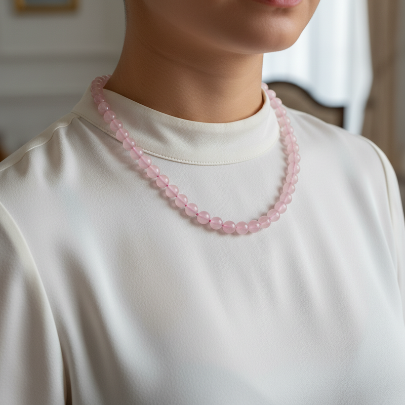Pembe Kuvars (Gül Kuvars) 8 mm Düğümlü Doğal Taş Kolye - Görsel 1 - Safnaturel