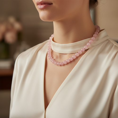 Pembe Kuvars (Gül Kuvars) 8 mm Düğümlü Doğal Taş Kolye