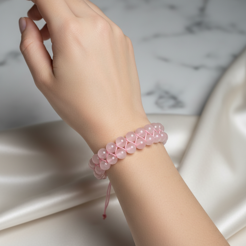 Pembe Kuvars (Gül Kuvars) 8mm Çift Sıra Makrome Doğal Taş Bileklik - Görsel 1 - Safnaturel