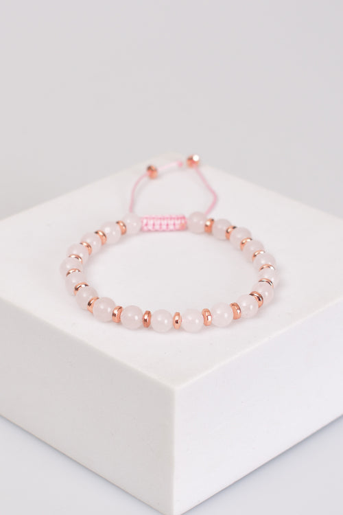 Rose Quartz - Hematite Natural Stone Macrame Knit Bracelet Sphere Cut