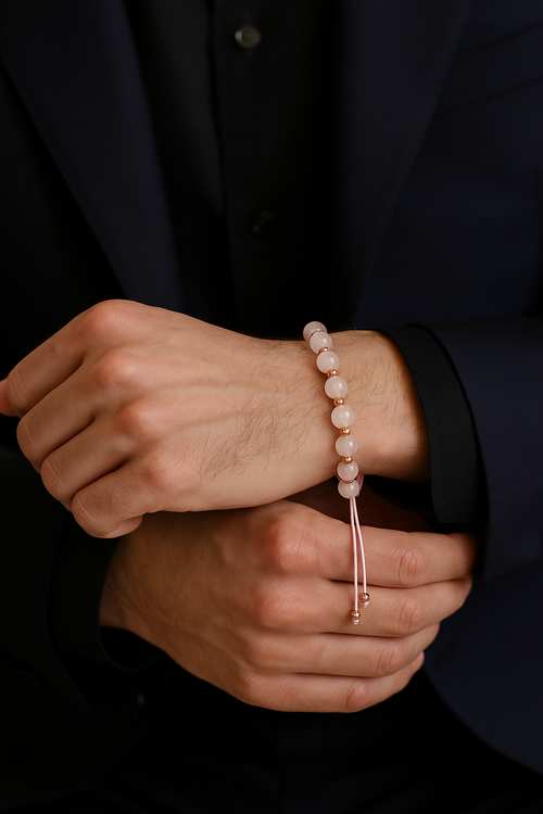 Pembe Kuvars - Hematit Doğal Taş Makrome Örme Bileklik Küre Kesim