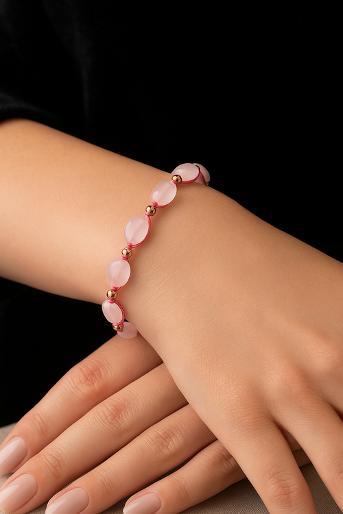 Pembe Kuvars Tek Sıra Makrome Tasarım Bileklik