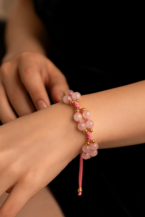 Pembe Kuvars Üçlü Makrome Tasarım Bileklik