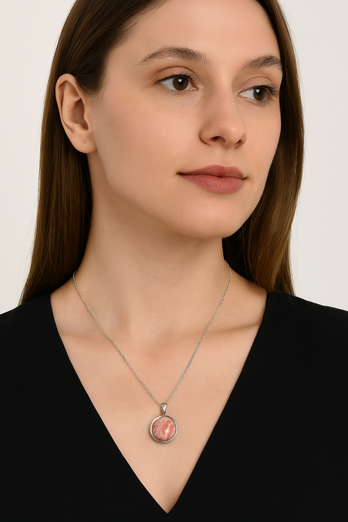 Rodokrozit Doğal Taş 925 Ayar Gümüş Kolye