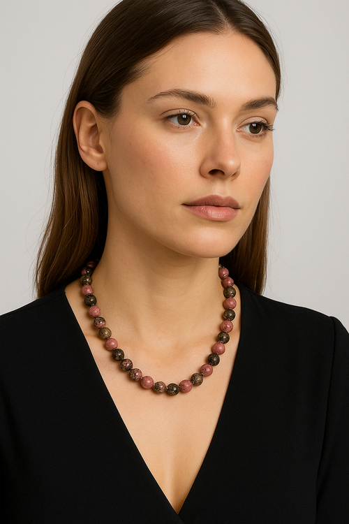 Rodonit 8 mm Düğümlü Doğal Taş Kolye