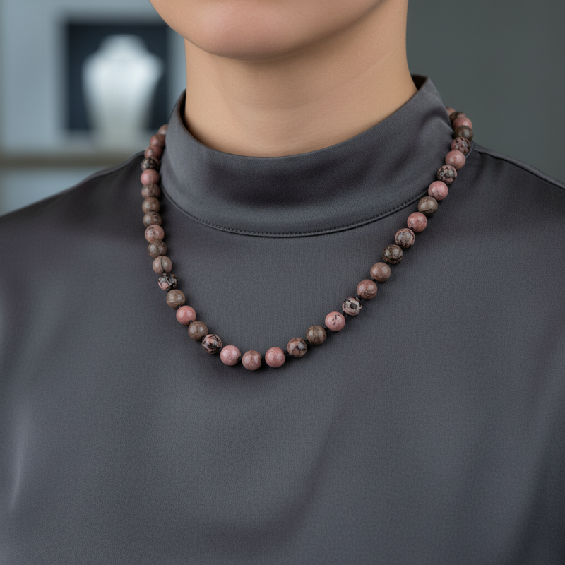 Rodonit 8 mm Düğümlü Doğal Taş Kolye - Görsel 1 - Safnaturel