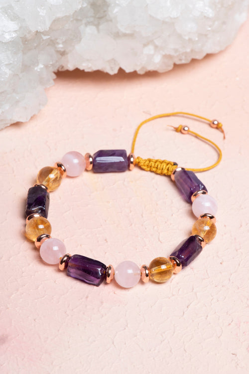 Sertfikalı Ametist, Sitrin, Pembe Kuvars, Hematit Doğal Taş Bileklik