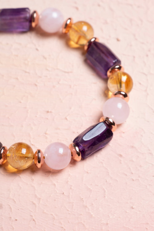 Sertfikalı Ametist, Sitrin, Pembe Kuvars, Hematit Doğal Taş Bileklik