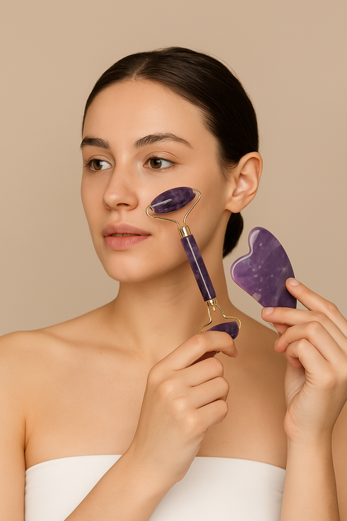 Sertifikalı Ametist Doğal Taş Gua Sha & Roller Masaj Seti