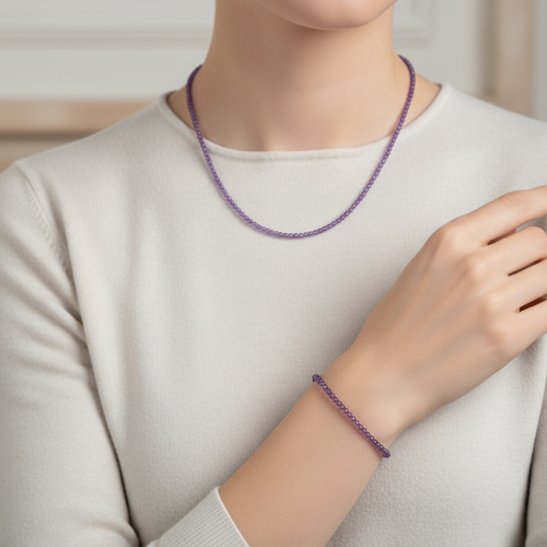 Sertifikalı Ametist Doğal Taş Kolye ve Bileklik Takımı 4 mm