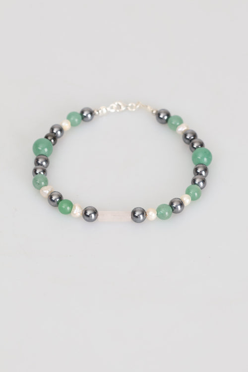 Sertifikalı Aventurin - Hematit - İnci Doğal Taş Gümüş Kapama Tasarım Bileklik