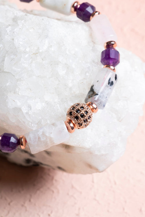 Sertifikalı Ay Taşı, Pembe Kuvars, Ametist Doğal Taş Makrome Bileklik