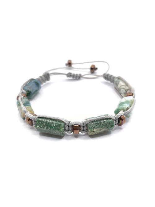 Sertifikalı Hakiki Orijinal Yosunlu Akik - Hematit Doğal Taş İpli Bileklik (Köşeli Makrome Model)