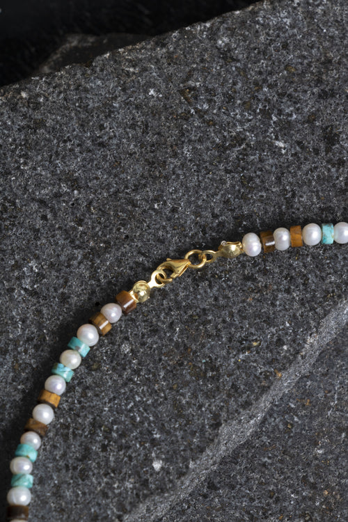 Sertifikalı İnci Kaplan Gözü Turkuaz Gümüş Kapama Doğal Taş Kolye