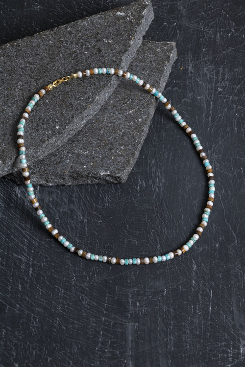 Sertifikalı İnci Kaplan Gözü Turkuaz Gümüş Kapama Doğal Taş Kolye