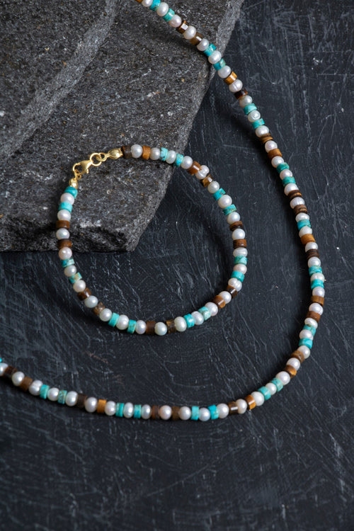 Sertifikalı İnci Kaplan Gözü Turkuaz Gümüş Kapama Doğal Taş Seti